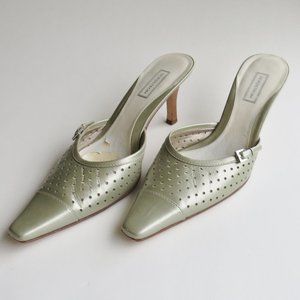 Nordstrom LEATHER MULES Perforated SILVER Sage GREEN Buckle SHINY Heels Sz 9 M
